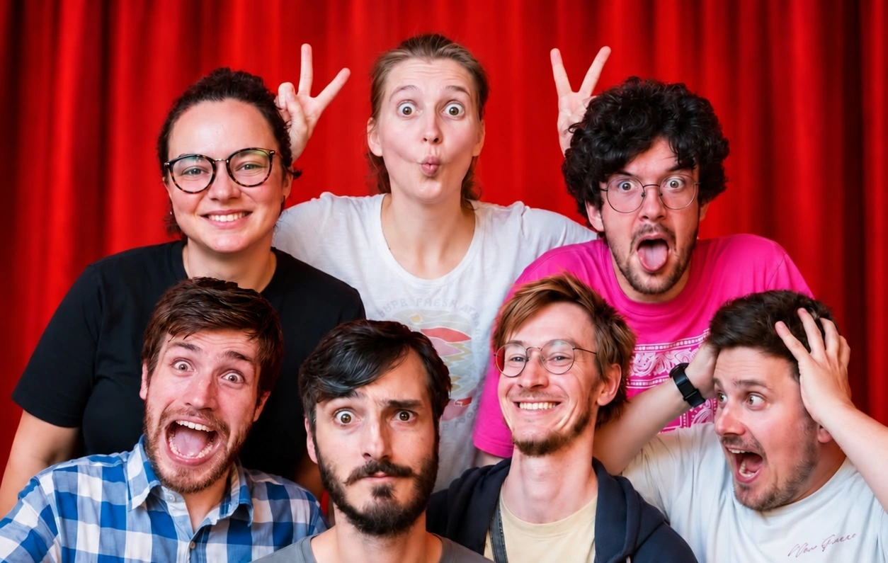 La troupe de l’Impro Comedy Show devant un rideau rouge : sept comédiens aux expressions comiques.